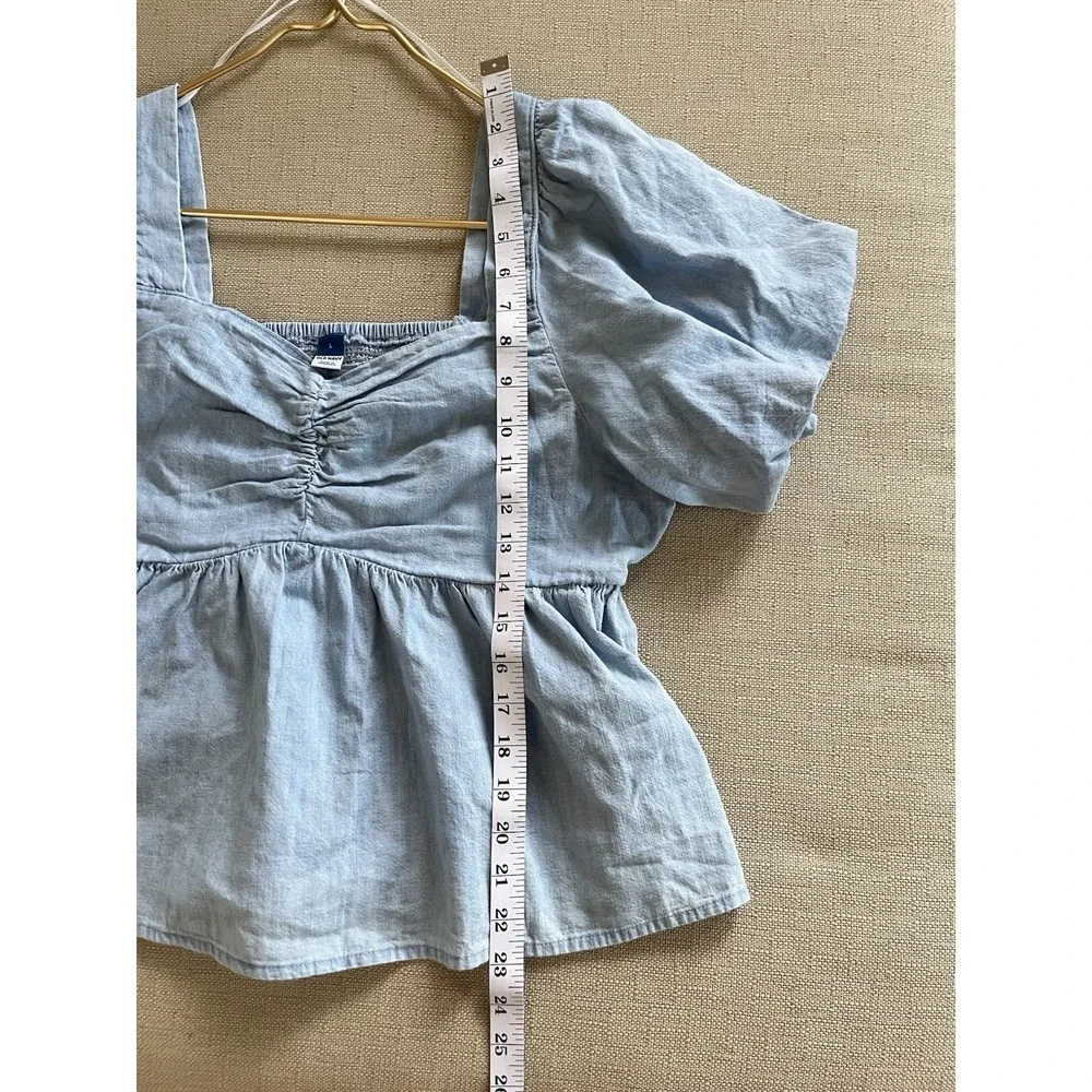OLD NAVY Blue Peplum Top L Puff Sleeve Square Neck Cotton Casual Summer Chic